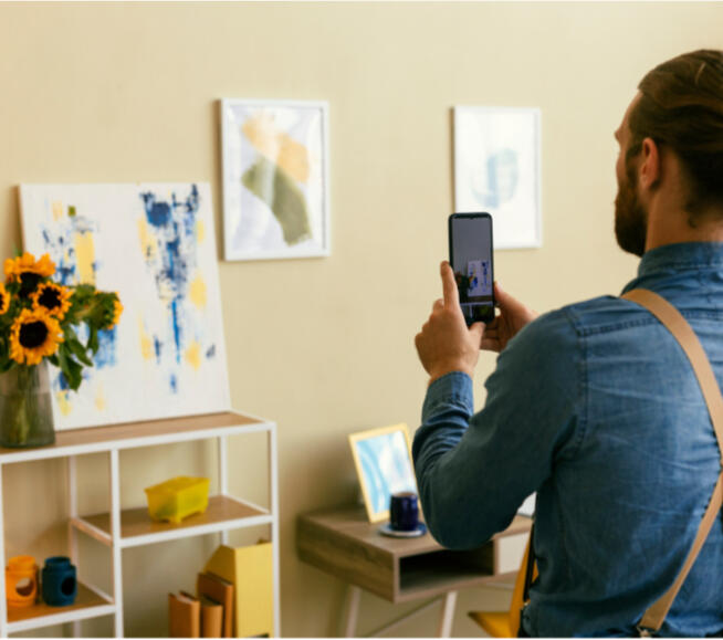 Preparing Art for Online Promotion Artist photographing paintings in a home studio to sell artwork online